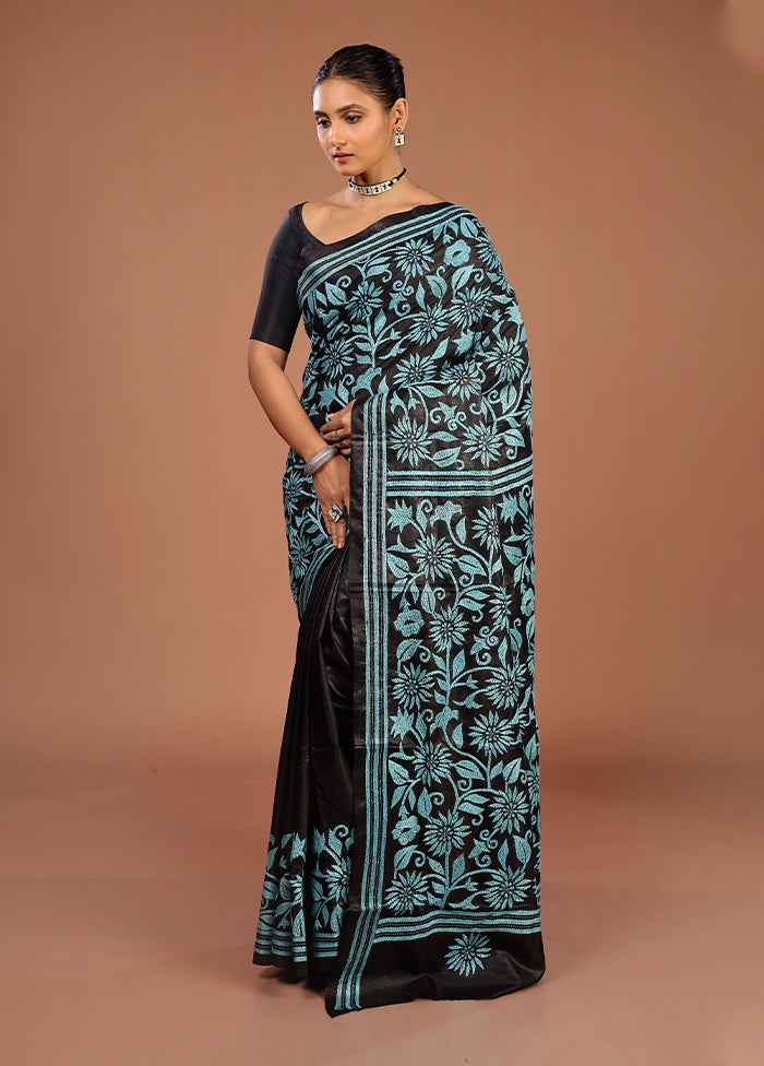 Black Handloom Kantha Stitch Pure Silk Saree With Blouse Piece
