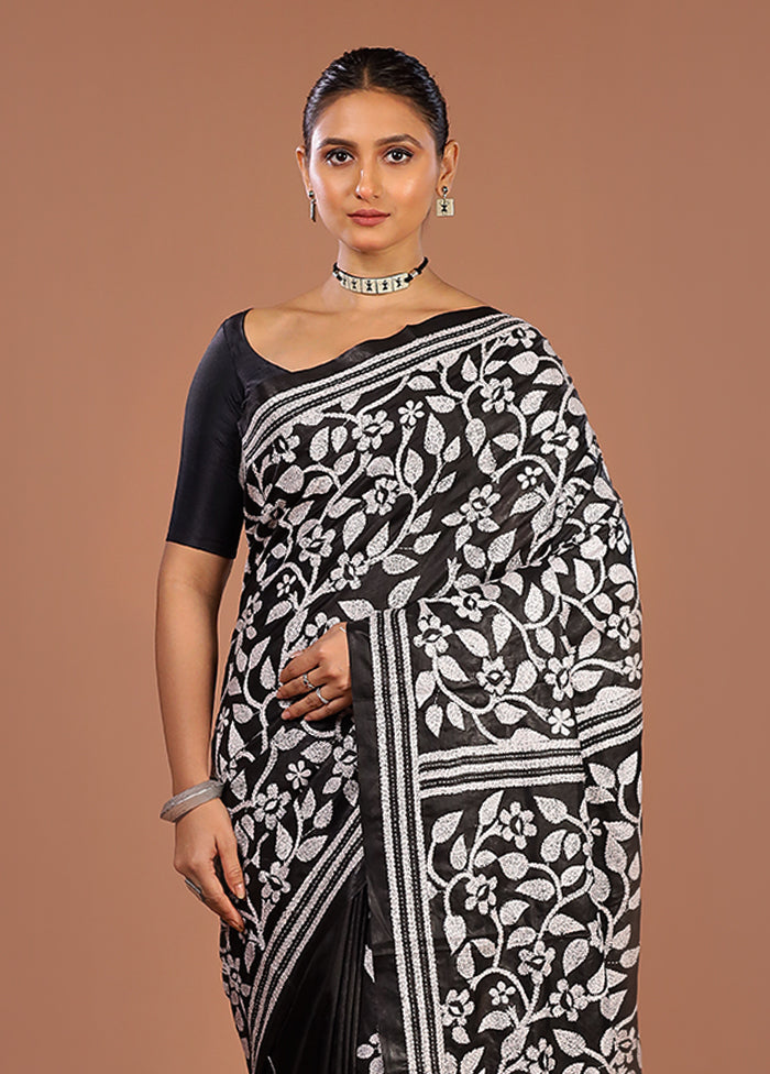 Black Handloom Kantha Stitch Pure Silk Saree With Blouse Piece