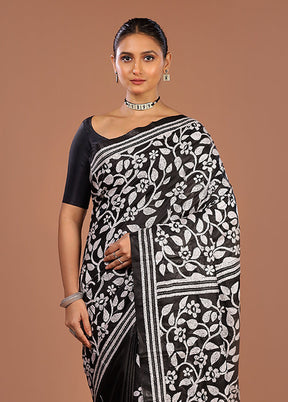 Black Handloom Kantha Stitch Pure Silk Saree With Blouse Piece