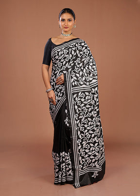 Black Handloom Kantha Stitch Pure Silk Saree With Blouse Piece