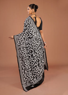 Black Handloom Kantha Stitch Pure Silk Saree With Blouse Piece