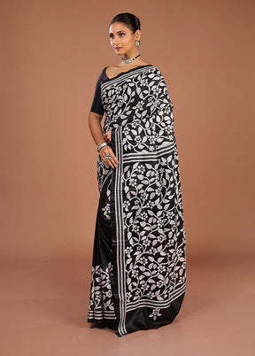 Black Handloom Kantha Stitch Pure Silk Saree With Blouse Piece