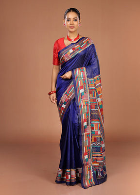 Blue Handloom Kantha Stitch Pure Silk Saree With Blouse Piece