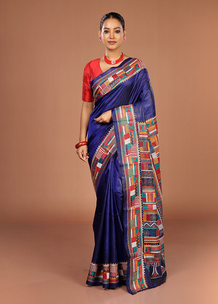 Blue Handloom Kantha Stitch Pure Silk Saree With Blouse Piece