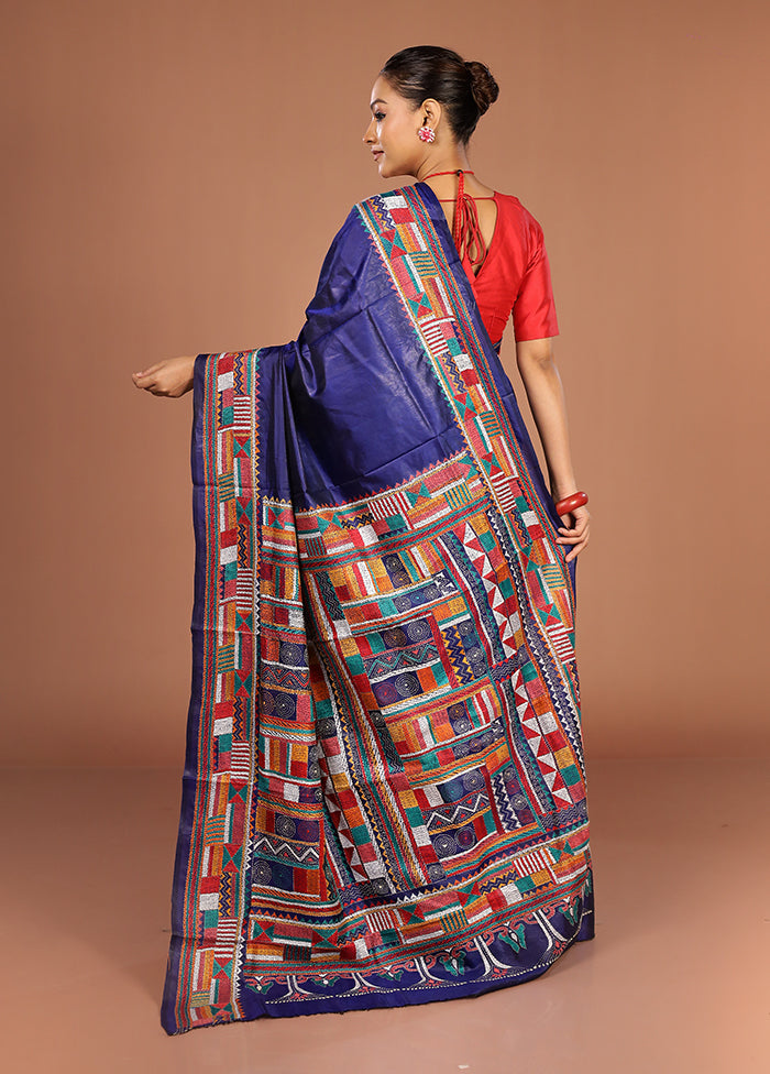 Blue Handloom Kantha Stitch Pure Silk Saree With Blouse Piece