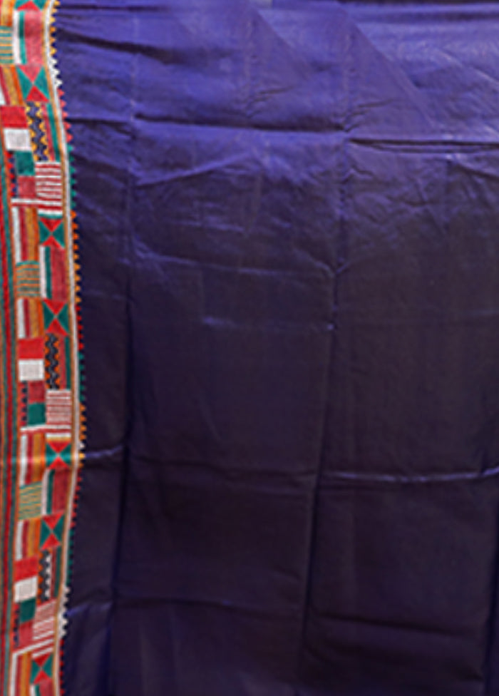 Blue Handloom Kantha Stitch Pure Silk Saree With Blouse Piece