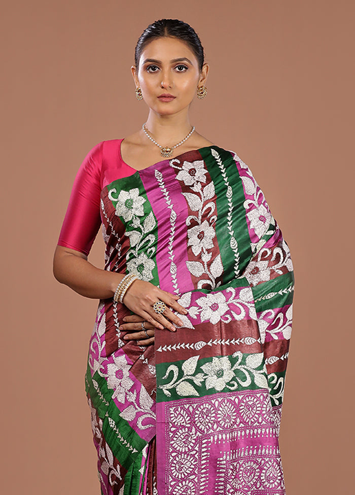 Purple Handloom Kantha Stitch Pure Silk Saree With Blouse Piece