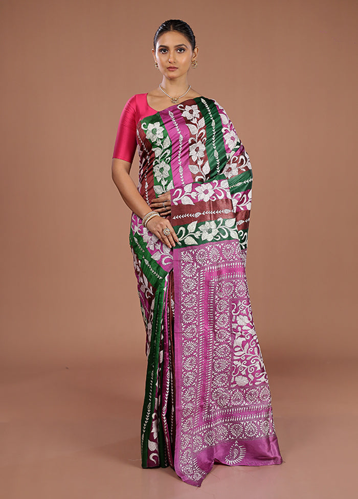 Purple Handloom Kantha Stitch Pure Silk Saree With Blouse Piece