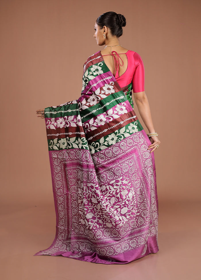Purple Handloom Kantha Stitch Pure Silk Saree With Blouse Piece