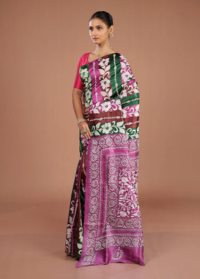 Purple Handloom Kantha Stitch Pure Silk Saree With Blouse Piece