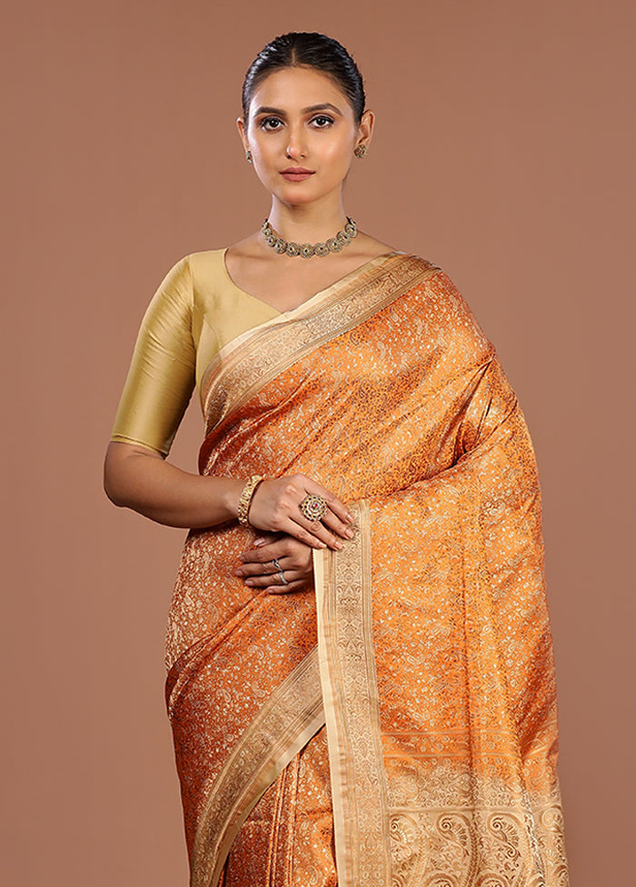 Orange Handloom Jamewar Pure Silk Saree With Blouse Piece