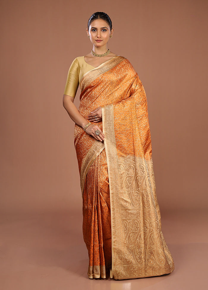 Orange Handloom Jamewar Pure Silk Saree With Blouse Piece