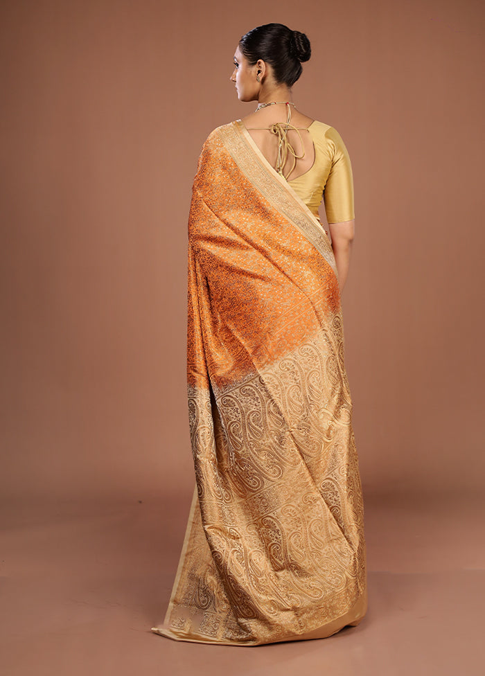 Orange Handloom Jamewar Pure Silk Saree With Blouse Piece