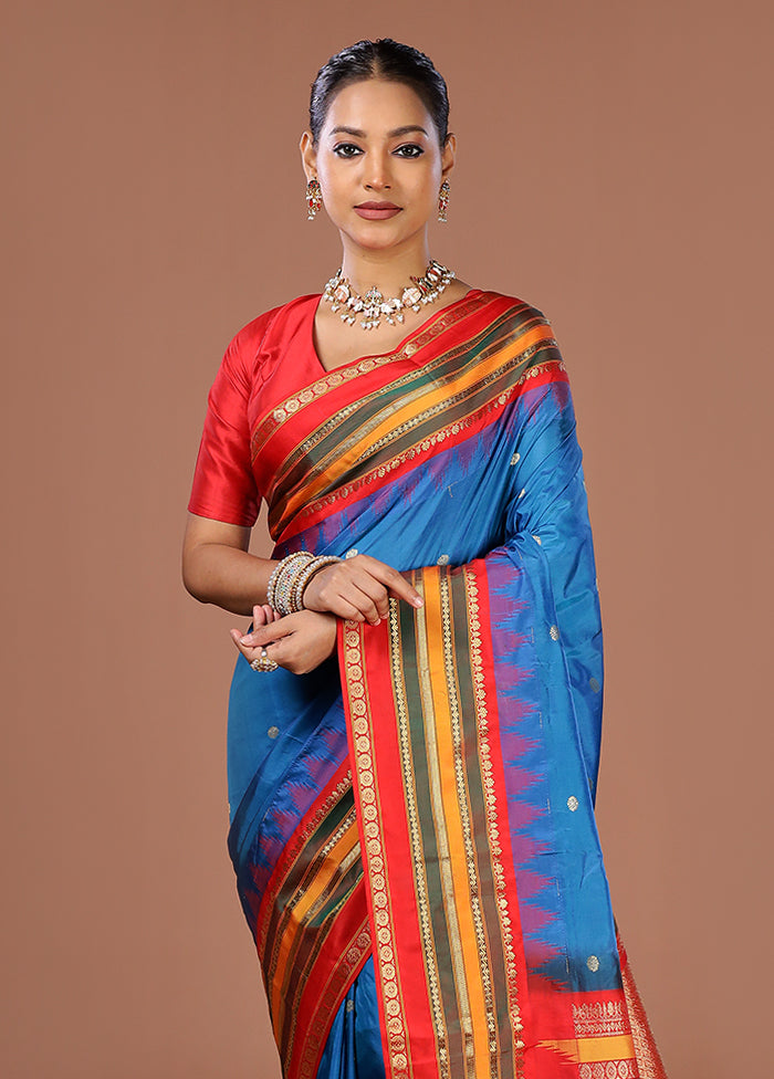 Blue Handloom Kanjivaram Pure Silk Saree With Blouse Piece