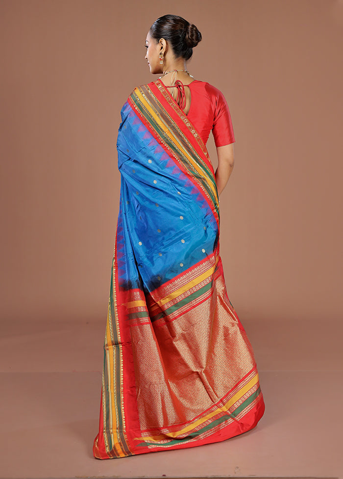Blue Handloom Kanjivaram Pure Silk Saree With Blouse Piece