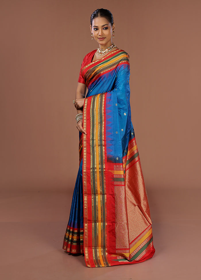 Blue Handloom Kanjivaram Pure Silk Saree With Blouse Piece