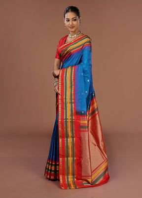 Blue Handloom Kanjivaram Pure Silk Saree With Blouse Piece