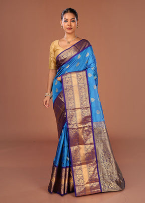 Blue Handloom Kanjivaram Pure Silk Saree With Blouse Piece