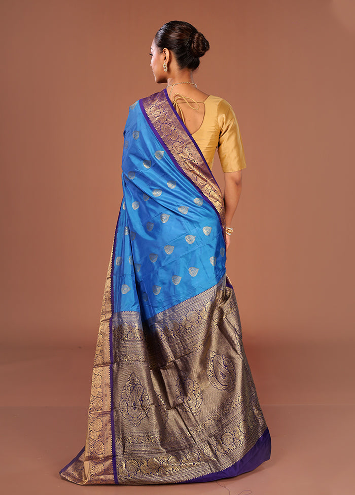 Blue Handloom Kanjivaram Pure Silk Saree With Blouse Piece