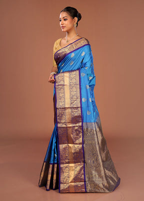 Blue Handloom Kanjivaram Pure Silk Saree With Blouse Piece