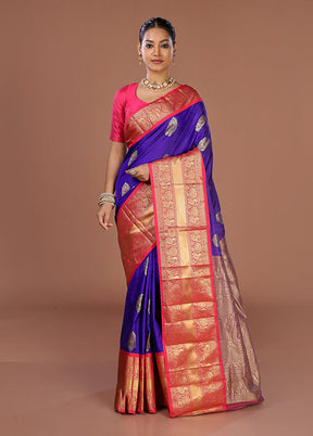 Blue Handloom Kanjivaram Pure Silk Saree With Blouse Piece