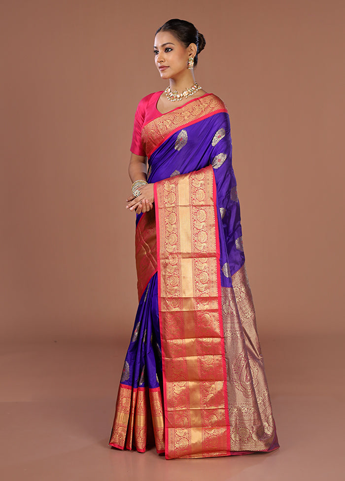Blue Handloom Kanjivaram Pure Silk Saree With Blouse Piece