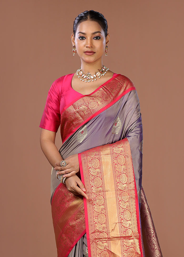 Purple Handloom Kanjivaram Pure Silk Saree With Blouse Piece