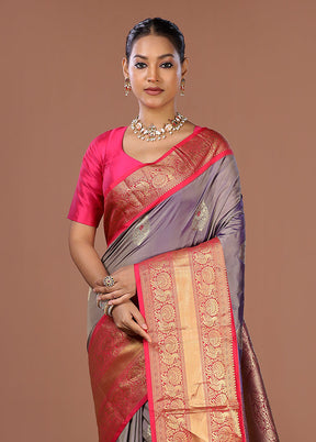 Purple Handloom Kanjivaram Pure Silk Saree With Blouse Piece