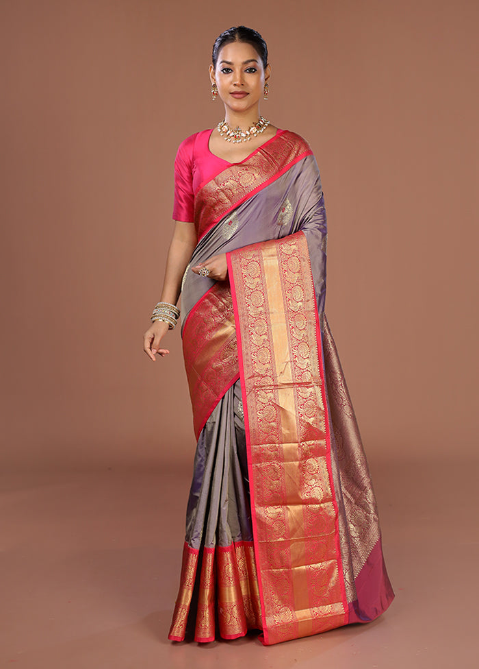 Purple Handloom Kanjivaram Pure Silk Saree With Blouse Piece