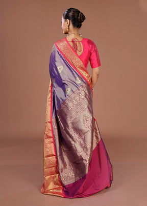 Purple Handloom Kanjivaram Pure Silk Saree With Blouse Piece