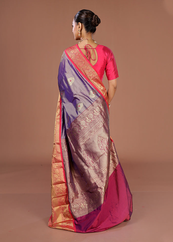 Purple Handloom Kanjivaram Pure Silk Saree With Blouse Piece