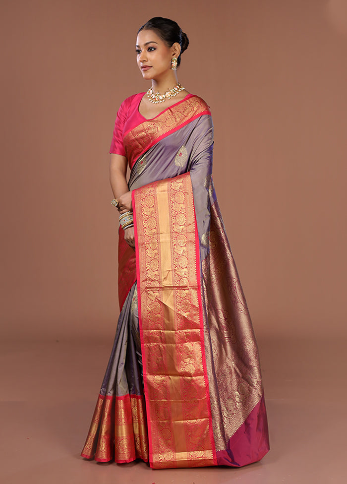 Purple Handloom Kanjivaram Pure Silk Saree With Blouse Piece