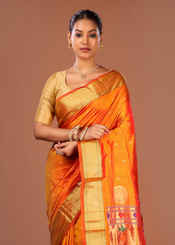 Orange Handloom Kanjivaram Pure Silk Saree With Blouse Piece