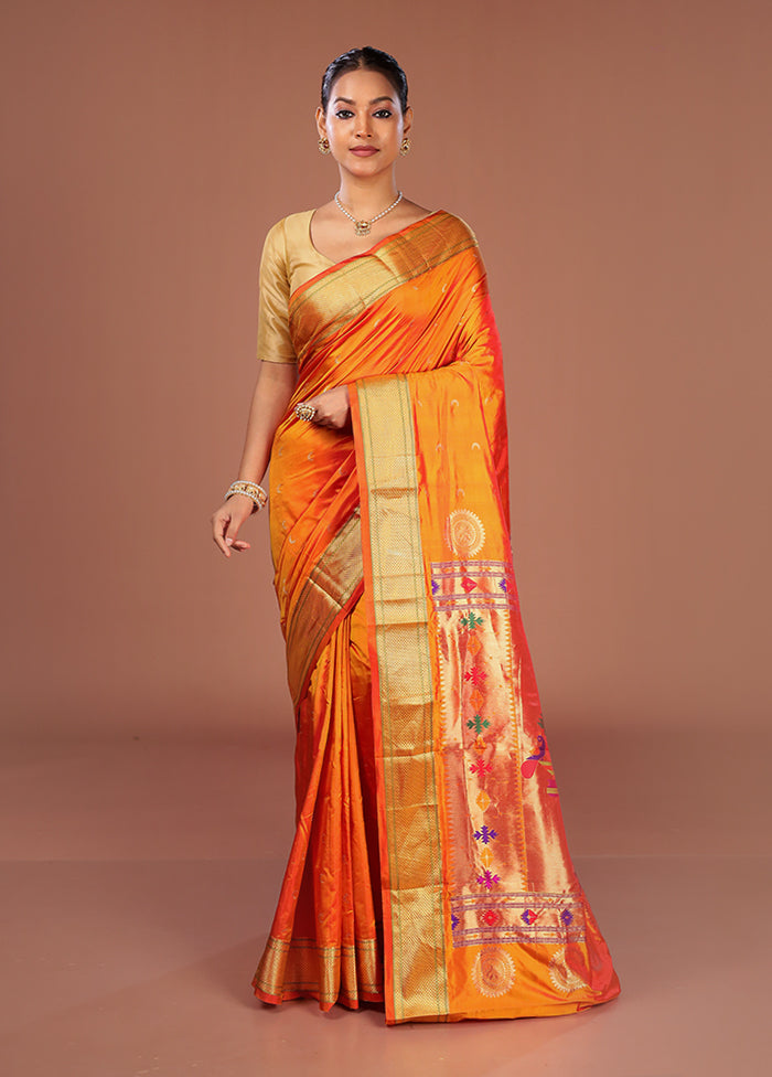 Orange Handloom Kanjivaram Pure Silk Saree With Blouse Piece