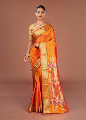 Orange Handloom Kanjivaram Pure Silk Saree With Blouse Piece