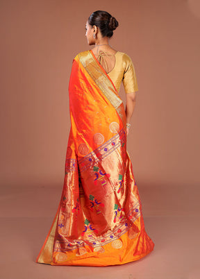 Orange Handloom Kanjivaram Pure Silk Saree With Blouse Piece