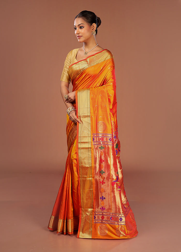 Orange Handloom Kanjivaram Pure Silk Saree With Blouse Piece