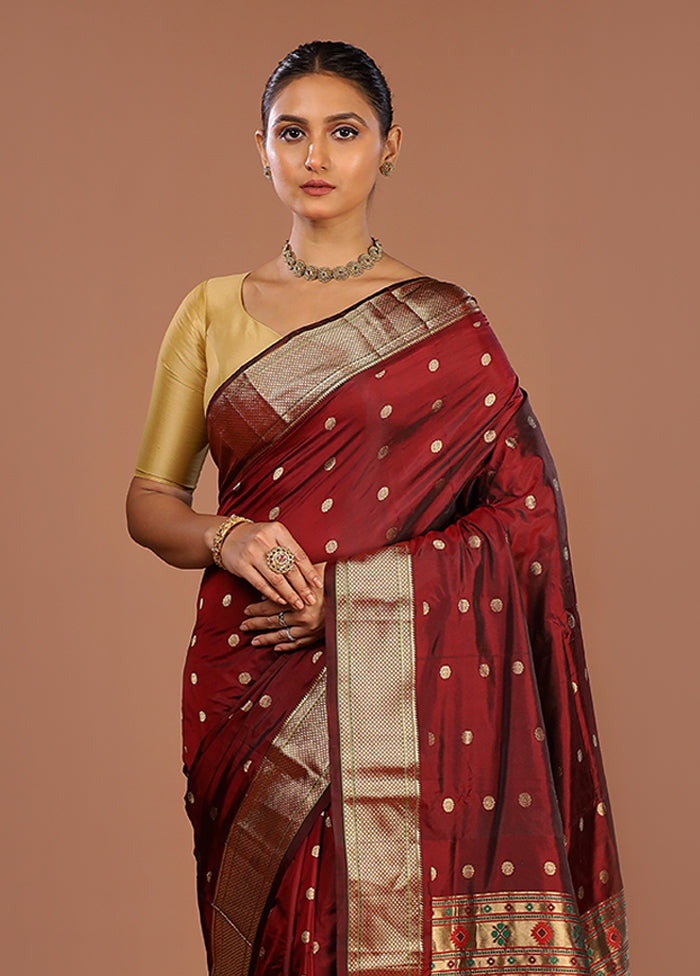 Maroon Handloom Kanjivaram Pure Silk Saree With Blouse Piece