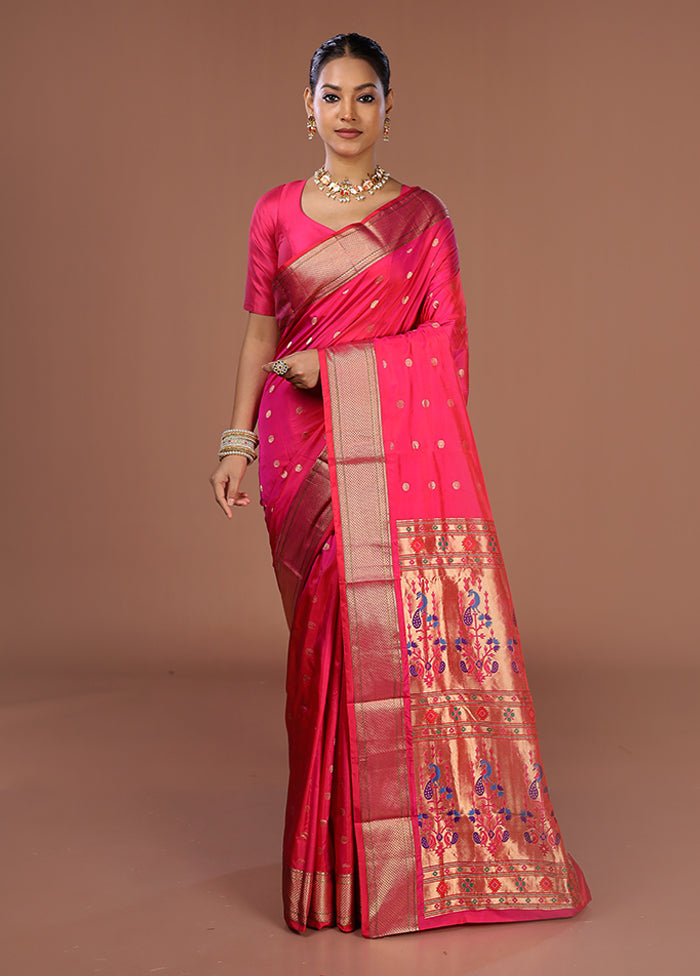 Pink Handloom Kanjivaram Pure Silk Saree With Blouse Piece