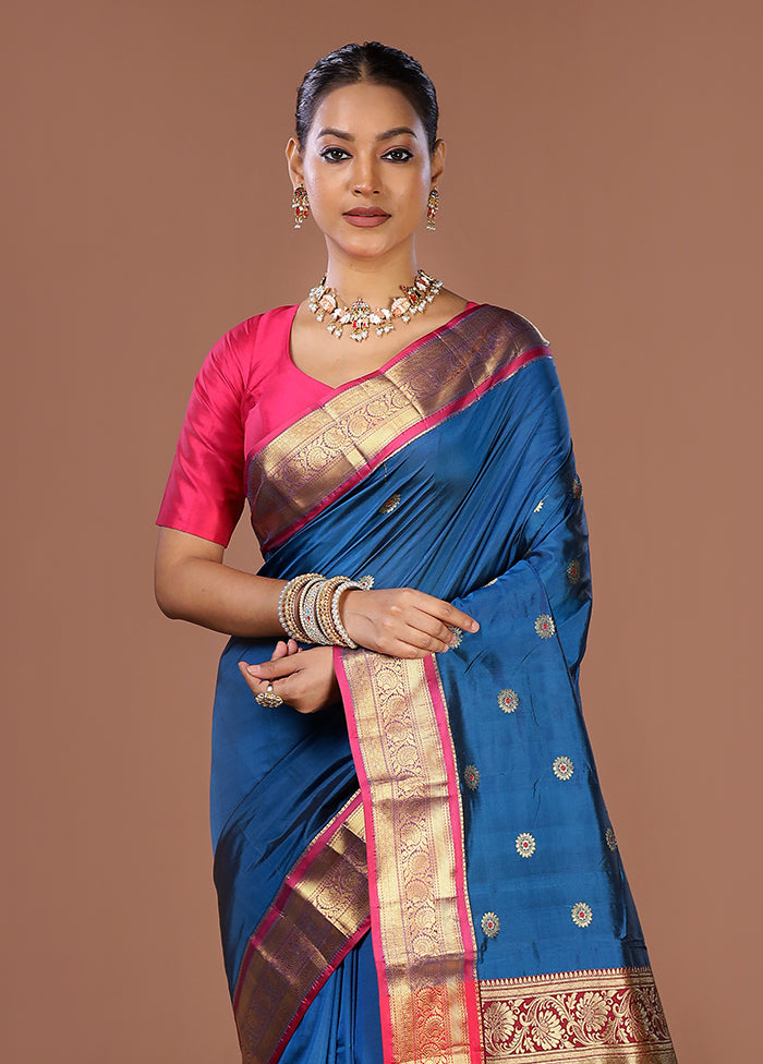 Blue Handloom Kanjivaram Pure Silk Saree With Blouse Piece