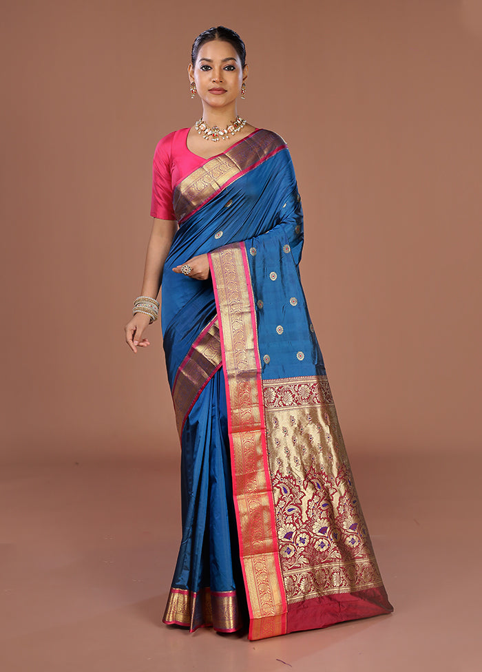 Blue Handloom Kanjivaram Pure Silk Saree With Blouse Piece