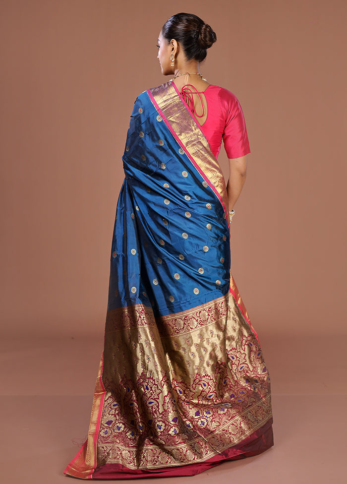 Blue Handloom Kanjivaram Pure Silk Saree With Blouse Piece