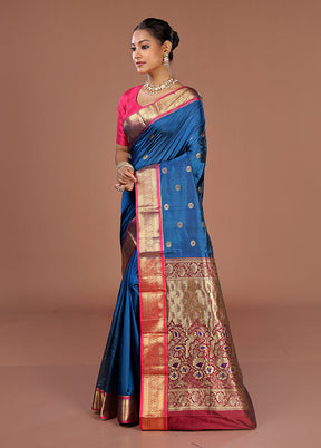 Blue Handloom Kanjivaram Pure Silk Saree With Blouse Piece