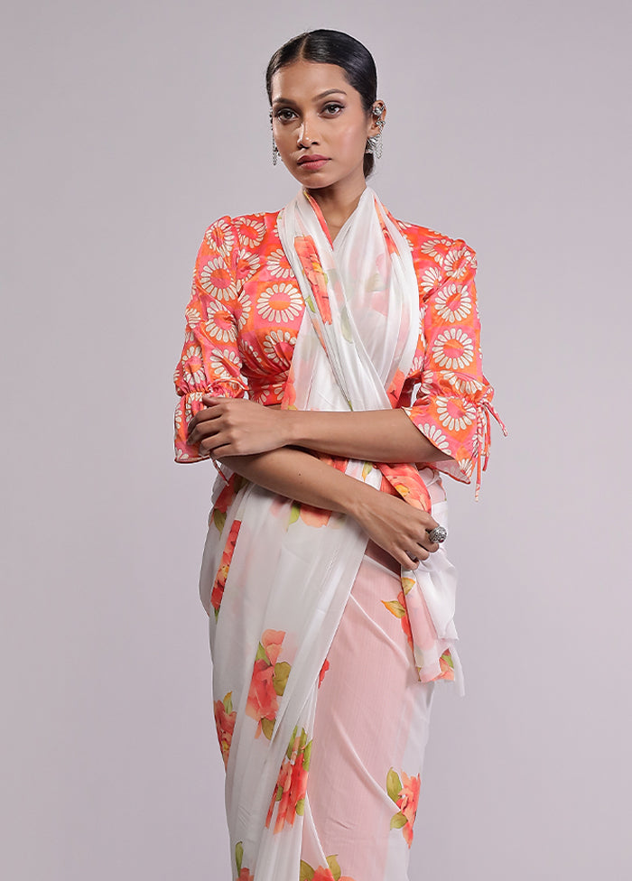 White Chiffon Silk Saree With Blouse Piece