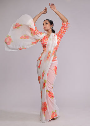 White Chiffon Silk Saree With Blouse Piece