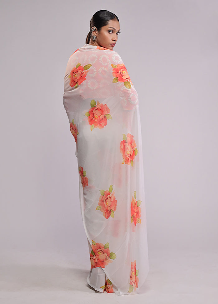 White Chiffon Silk Saree With Blouse Piece