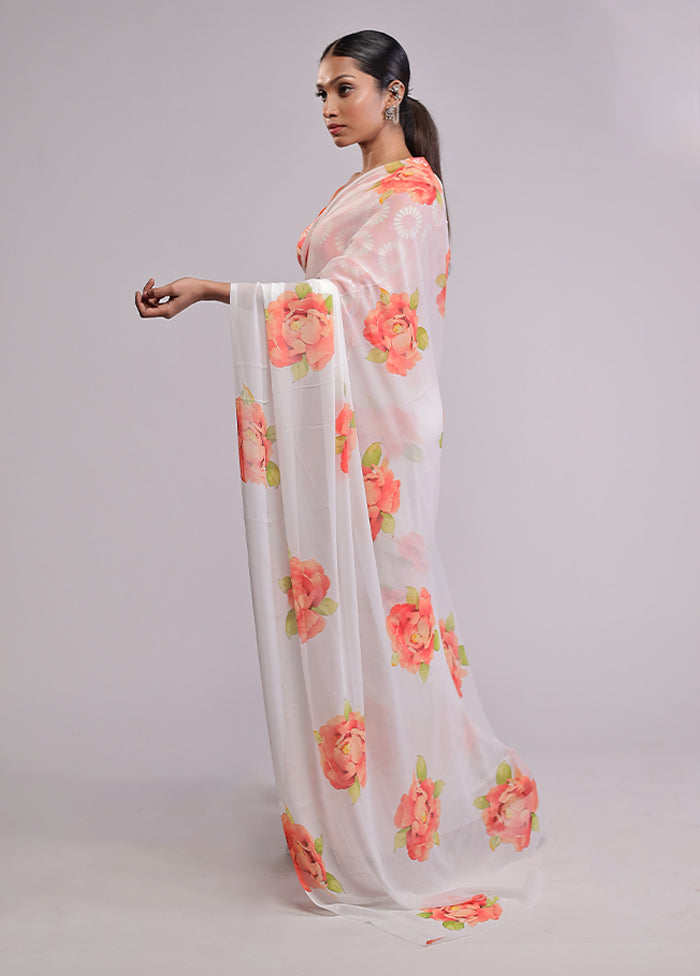 White Chiffon Silk Saree With Blouse Piece