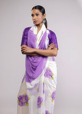 White Chiffon Silk Saree With Blouse Piece