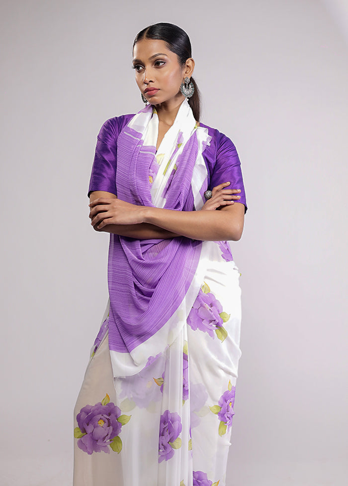White Chiffon Silk Saree With Blouse Piece