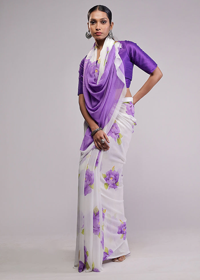 White Chiffon Silk Saree With Blouse Piece